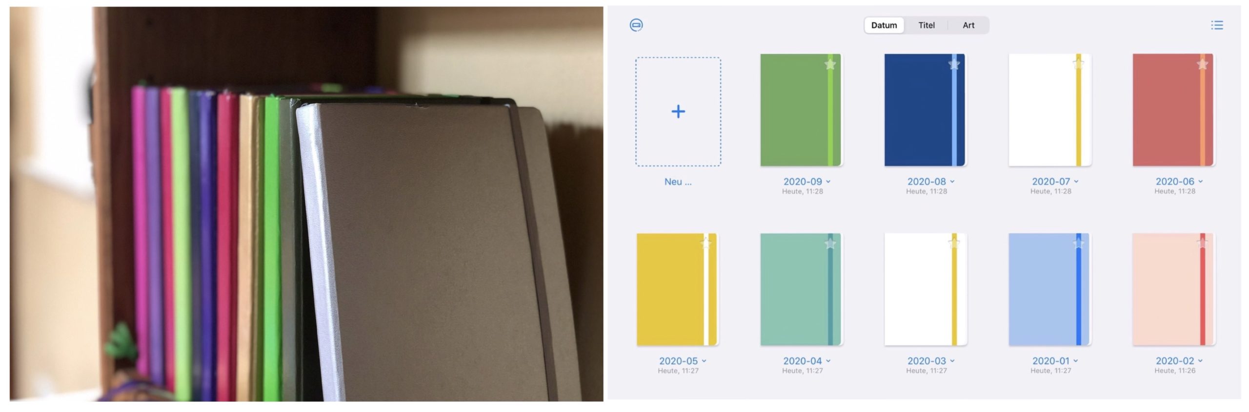 Notizbücher im Regal und Notizbücher in GoodNotes