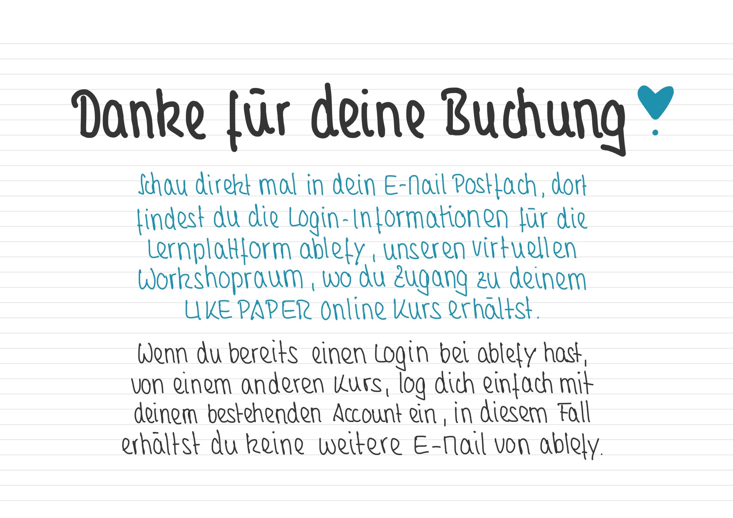Dankeschön Text für die Kursbuchung und Hinweis auf Email
